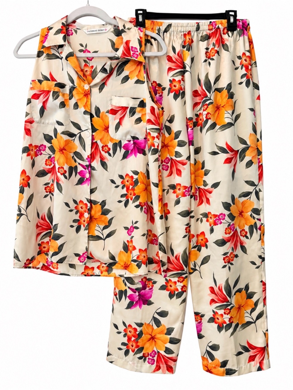 🌺Vintage Y2k Victoria's Secret 2 Pc Yellow Floral Satin Pajama Set Size Small